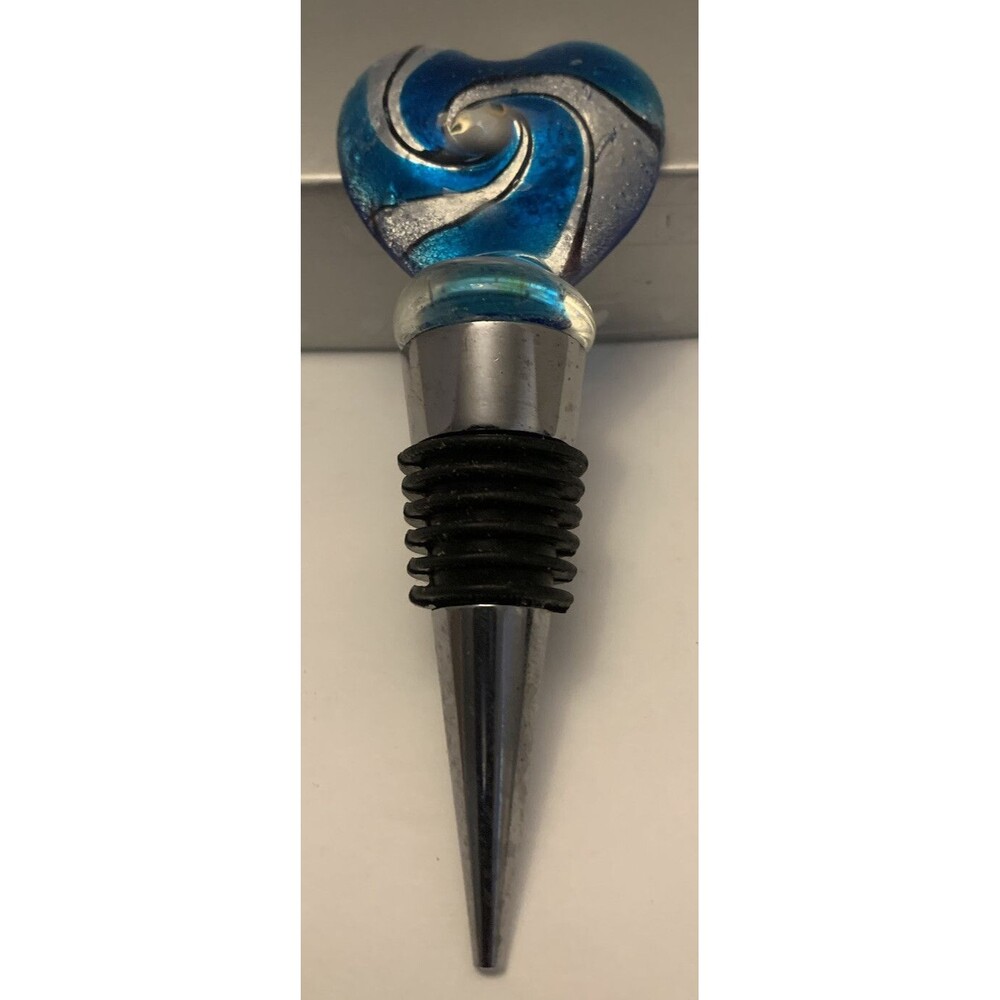 Pretty Blue & Silver Art Glass Heart Wine  Bottle Stopper, Gift Boxed